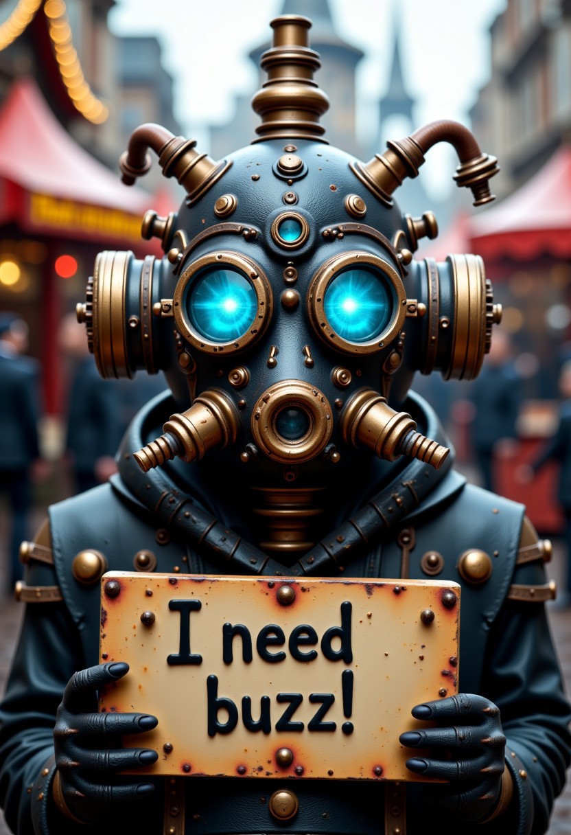 Frekz, YFG-F@ce, An elaborate steampunk gas mask re-imagined for a carnival setting, featuring dual side filters styled as miniature steam engines. The mask is crafted from dark leather and accented with brass rivets, copper tubing, and glowing blue LED elements. It is set in a whimsical carnival environment filled with steam-powered attractions and performers wearing similarly themed costumes. The composition emphasizes the rugged textures of the mask against the lively yet mysterious atmosphere., ((need_buzz)), holding sign that reads "I need buzz!"