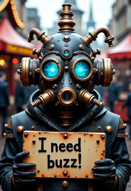Frekz, YFG-F@ce, An elaborate steampunk gas mask re-imagined for a carnival setting, featuring dual side filters styled as miniature steam engines. The mask is crafted from dark leather and accented with brass rivets, copper tubing, and glowing blue LED elements. It is set in a whimsical carnival environment filled with steam-powered attractions and performers wearing similarly themed costumes. The composition emphasizes the rugged textures of the mask against the lively yet mysterious atmosphere., ((need_buzz)), holding sign that reads "I need buzz!"