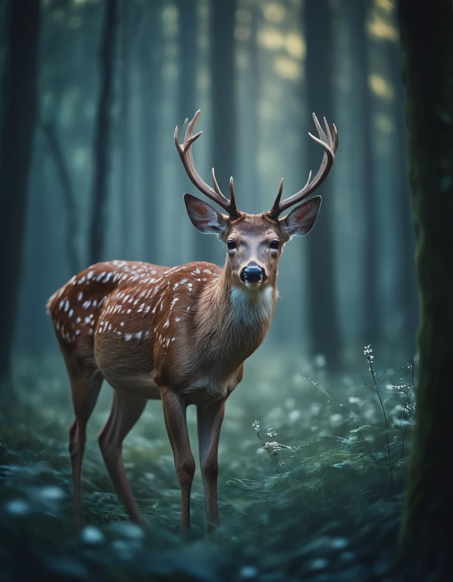 novuschroma74 style deer in an enchanted forest photography with dreamy atmosphere and shallow depth of field <lora:novuschroma74 style:1>