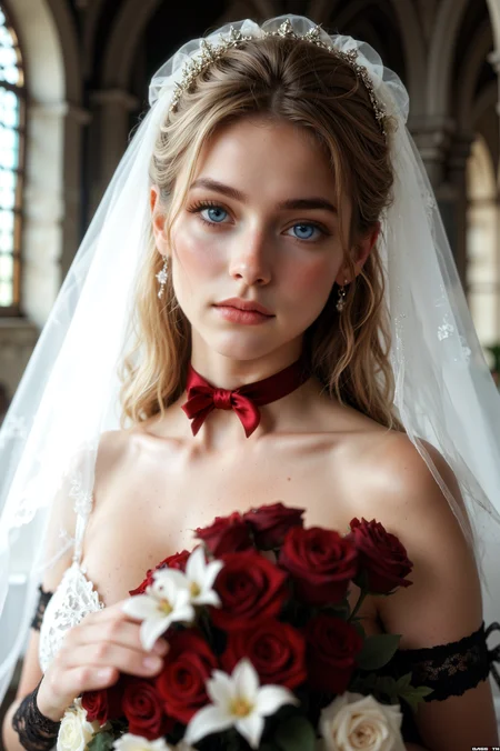 EZRealPONYXL, zPDXLrl, zPDXL3,
1girl, (cute face), long blonde hair, blue eyes, elegant beautiful female, bride, intricate wedding dress, ribbons, hair veil, lace garter, (laced arms gloves), lace panties, cleavage, looking at viewer, facing viewer, expressionless, detailed skin, flower bouquet, 
medieval castle,
(dreamy haze, dramatic lighting, ethereal atmosphere), 
full medium body, dynamic pose, dynamic angle, vivid colors, volumetric lighting, subsurface scattering, special effects, color grading, layered depth, parallax effect, soft focus foreground,