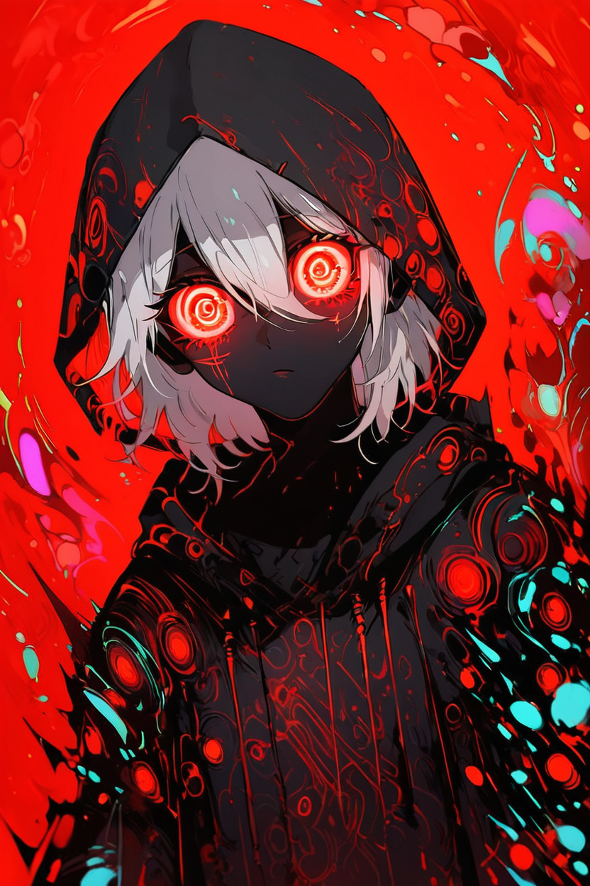 score_9, score_8_up, score_8, medium breasts, (curvy), cute, eyelashes,        BREAK,  OccultOculi, solo, looking at viewer, red eyes, 1boy, hair between eyes, upper body, white hair, male focus, hood, red background, hood up, @_@, red theme  <lora:Occult_Oculi_Magic_PDXL:1.0>,    BREAK,    embedding:zPDXL, Expressiveh, <lora:SDXLFaeTastic2400:0.5>,  <lora:Expressive_H-000001:0.4>,