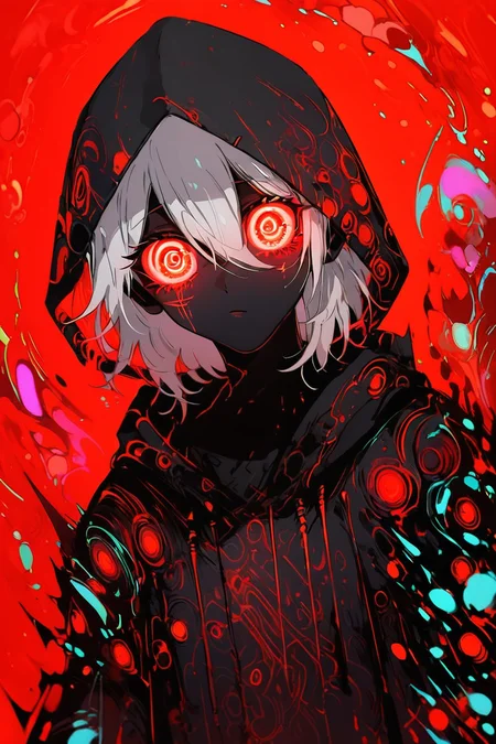 score_9, score_8_up, score_8, medium breasts, (curvy), cute, eyelashes, BREAK, OccultOculi, solo, looking at viewer, red eyes, 1boy, hair between eyes, upper body, white hair, male focus, hood, red background, hood up, @_@, red theme <lora:Occult_Oculi_Magic_PDXL:1.0>, BREAK, embedding:zPDXL, Expressiveh, <lora:SDXLFaeTastic2400:0.5>, <lora:Expressive_H-000001:0.4>,