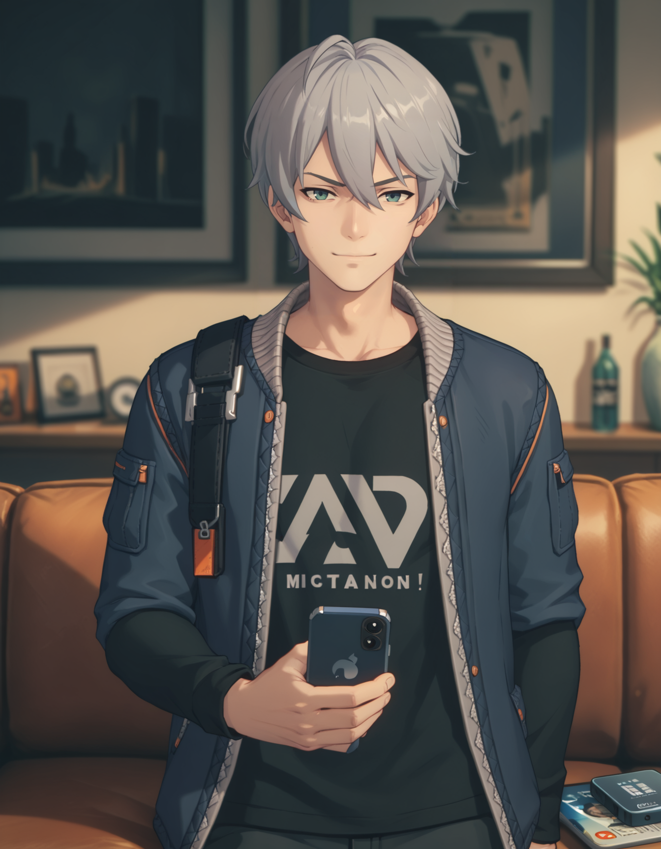 score_9,  score_8_up, score_7_up, <lora:zzz-pack-ponyxl:0.7> 1boy, solo, wise, jacket, black shirt, male focus, looking at phone, smirk, indoors, couch