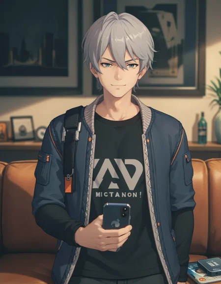 score_9,  score_8_up, score_7_up, <lora:zzz-pack-ponyxl:0.7> 1boy, solo, wise, jacket, black shirt, male focus, looking at phone, smirk, indoors, couch