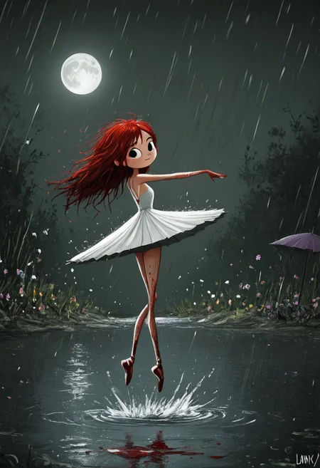 Dark whimsical art, an amazing creative picture, 1 girl, ballerina pose, lanky  legs, lanky hands, happy peaceful face, white short dress, blood hair, jumping pose, water lake, umbrella, rain, dark, flowers, background full moon