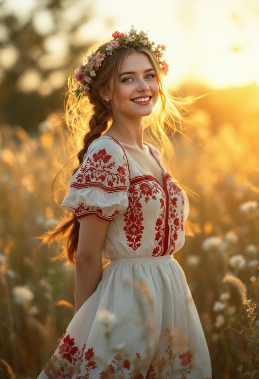 A soft-focus cinematic portrait of a young Ukrainian peasant woman joyfully  in a  sunlit field. hands behind her back. flirty,  She wears a flowing, traditional embroidered dress with red and white patterns, and a woven floral wreath  in her long braided chestnut hair. Her expression is bright and carefree, eyes lit with happiness, captured mid-spin as her dress and hair flare outward. Wildflowers blur in the golden field around her. The image is bathed in warm, golden-hour sunlight, with dramatic backlighting, lens flares, and dreamy bokeh dancing through tall grasses. The scene has a nostalgic, painterly softness with glowing light leaks, shallow depth of field, and a vintage analog aesthetic, evoking the feeling of a joyful memory or pastoral folk painting.
 <lora:aidmaFLuxPro1.1_v0.3:0.85> aidmafluxpro1.1