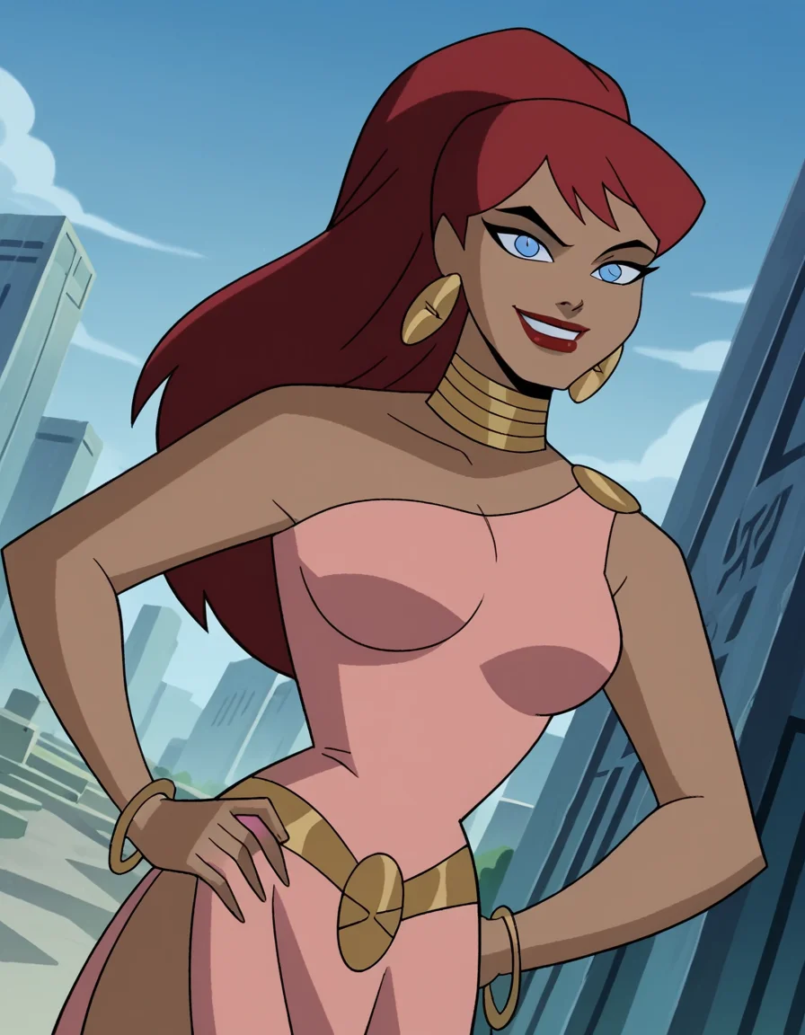 score_9, score_8_up, score_7_up, source_anime,
giganta, <lora:giganta-dcau-ponyxl-lora-nochekaiser:1>,
giganta, blue eyes, red hair, dark skin, dark-skinned female, makeup, lipstick, ponytail,
dress, jewelry, earrings, bracelet, pink dress,
outdoors, cityscape, hands on hips, smile,
looking at viewer, solo, dutch angle, cowboy shot,