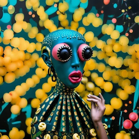 An award winning photograph, a sexy half-watermelon half-octopus deep throating a banana, aboard a futuristic tropical interstellar space craft, 1960s Brazilian Tropicalia science fiction B-movie,