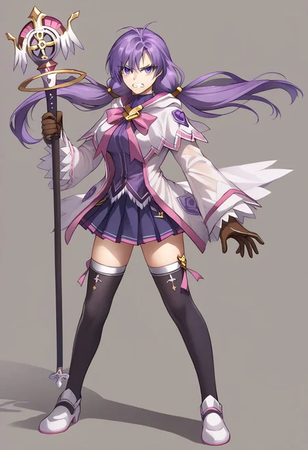 score_9, score_8_up, score_7_up, source_anime, good anatomy, 1girl, solo, AishaEM, purple eyes, purple hair, low twintail, brown leather gloves, white and pink coat, pink bow, dark purple shirt, purple and pink miniskirt, pleated skirt, black thighhighs, white and pink shoes, medium breasts, tall girl, full body, standing, spread legs, glare, fighting stance, staff, holding, holding staff, gritted teeth
