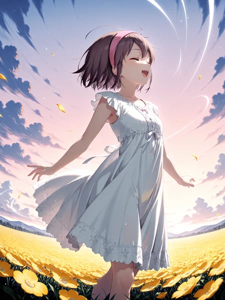 siiqa vivi, shuri \(84k\), <lora:spo_sdxl_10ep_4k-data_lora_webui:0.5> <lora:cfg_scale_boost:0.9> <lora:YukaXL:1> Yuka_CoPa, 1girl, short hair, pink hairband, dynamic pose, 
brown hair, solo, outdoors, spinning, smile, open mouth, closed eyes, flower field, white dress, 
absurdres, best quality, masterpiece, high quality, detailed, lazypos