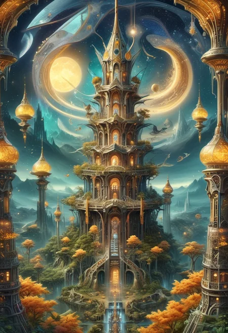 an intricate tower, biomorphic mythical serpent wrapped around tower, (negative space, layer, sigils). orbs and moons, holographic astral keys, tetrahedral trees, (three planes), stack, flower tiles, OverallDetail, DonMX3n0T3chXL