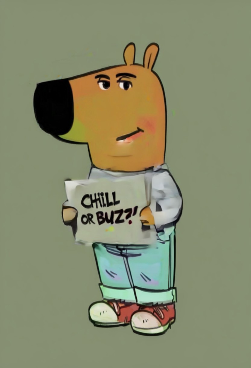 score_9, score_8_up, score_7_up,  
ccs, chillguy, angry, holding a paper that says “chill or buzz?”, basic background true colors