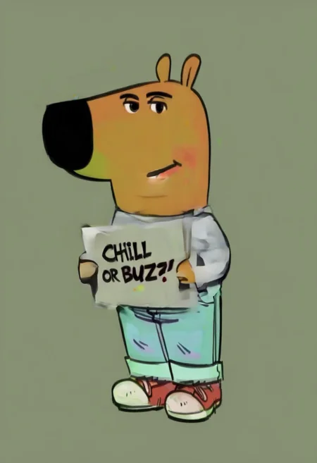 score_9, score_8_up, score_7_up,  
ccs, chillguy, angry, holding a paper that says “chill or buzz?”, basic background true colors