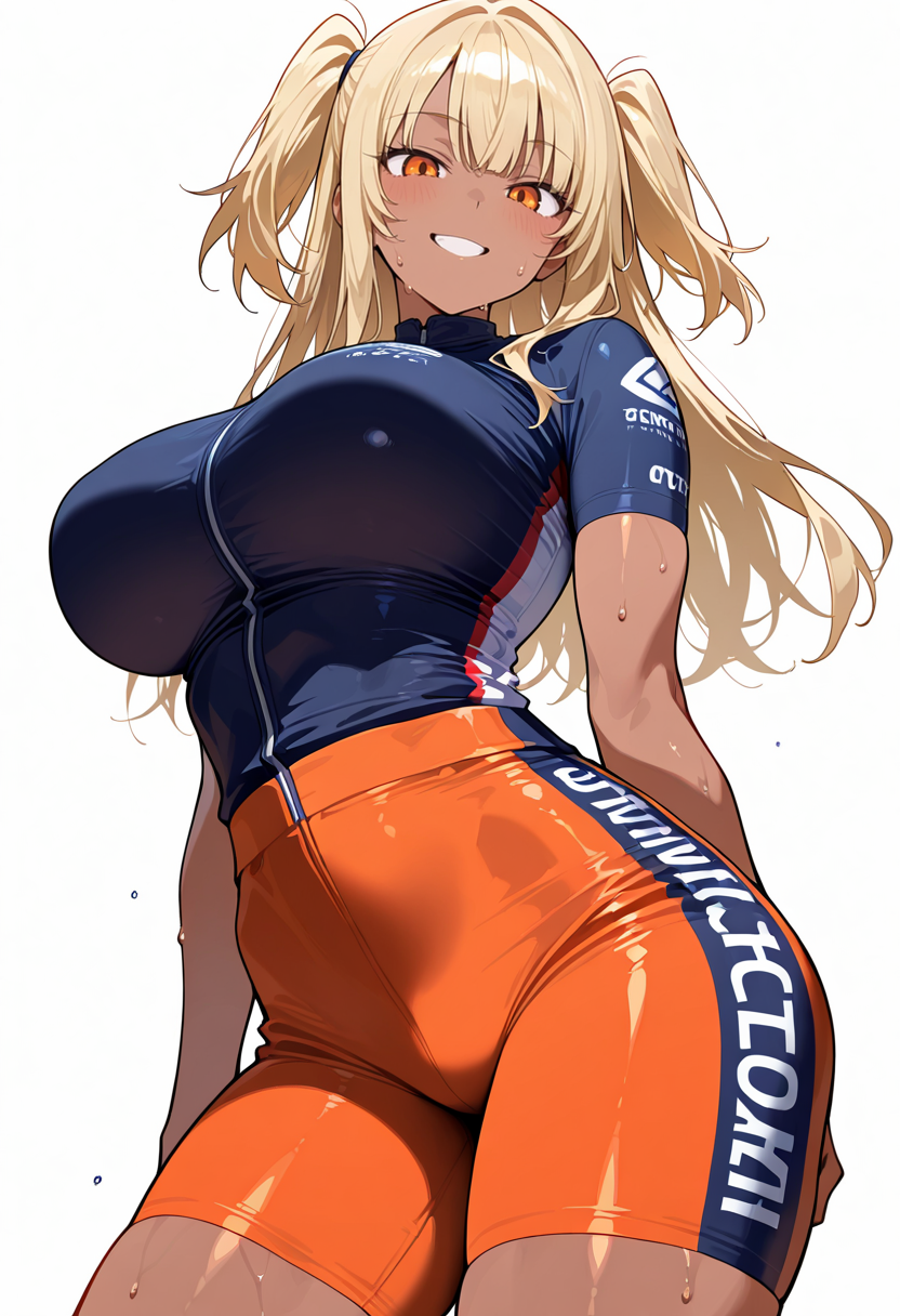 masterpiece, best quality, amazing quality, simple background,((outlined outlined vector graphics)),  simple background,  white background,
1girl, solo, female focus ,20yo, (large breast:1.2), orange eyes, (blonde hair:1.3),long hair, (two side up:1.1), (dark skin:1.6), dark skin girl, (tall:1.2), (abs:0.7),bangs,  looking at viewer ,smile, sweat,,cowboy shot,cycling wear, cycling-wear, cute face , short sleeves  <lora:cycling-wear-il-01:0.7>
