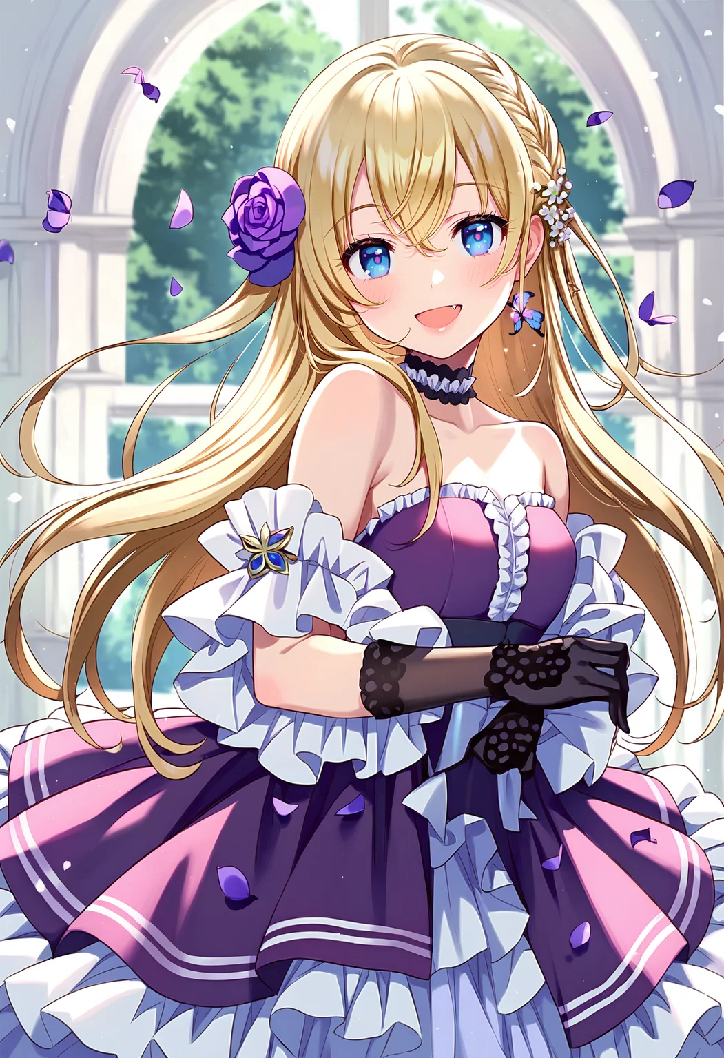 score_9,score_8_up,score_7_up,<lora:PDFA_Style8356194477-000450:1>,1girl,solo,bangs,blush,smile,looking at viewer,indoors,:d,bare shoulders,black gloves,blonde hair,blue eyes,braid,breasts,bug,butterfly,choker,closed mouth,collarbone,dress,eyelashes,fang,flower,frilled dress,frills,gloves,hair between eyes,hair flower,hair ornament,long hair,long sleeves,off shoulder,off-shoulder dress,open mouth,petals,purple dress,purple flower,purple rose,rose,short dress,sleeveless,sleeveless dress,small breasts,standing,strapless,strapless dress,tree,very long hair,white flower,window