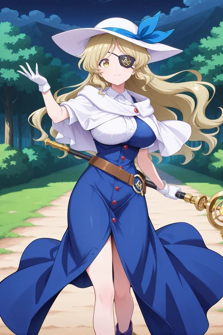 absurdres, highres, masterpiece, best quality, amazing quality, official anime artwork, screencap, anime screencap, outdoors, looking at viewer, light smile, dynamic pose, night, 
 <lora:Watatsuki-no-Toyihime_Illustrious:1> watatsuki no toyohime, 1girl, solo, yellow eyes, blonde hair, long hair, large breasts,, watatsuki no toyohime \(plentiful temple of wealth and equality\), alternate costume, alternate hair color,  brown hair, white hat, hat ribbon, blue ribbon, eyepatch, white capelet, white shirt, short sleeves, pinafore dress, blue dress, single strap, long dress, buttons, white gloves, brown belt, loose belt, blue footwear, holding staff, fighting stance, skinny,