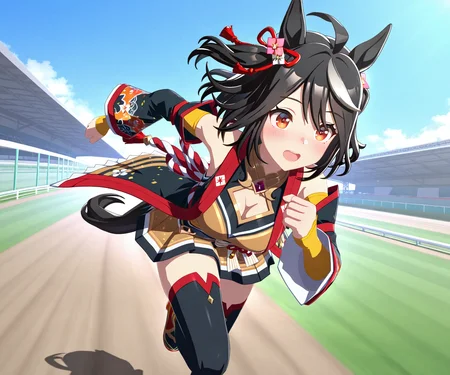 masterpiece, best quality, amazing quality, , 1girl, solo, umamusume, racetrack, running, <lora:Kitasan Black in game style 3D:1> ummsmingame, 3d, kitasan black \(umamusume\)