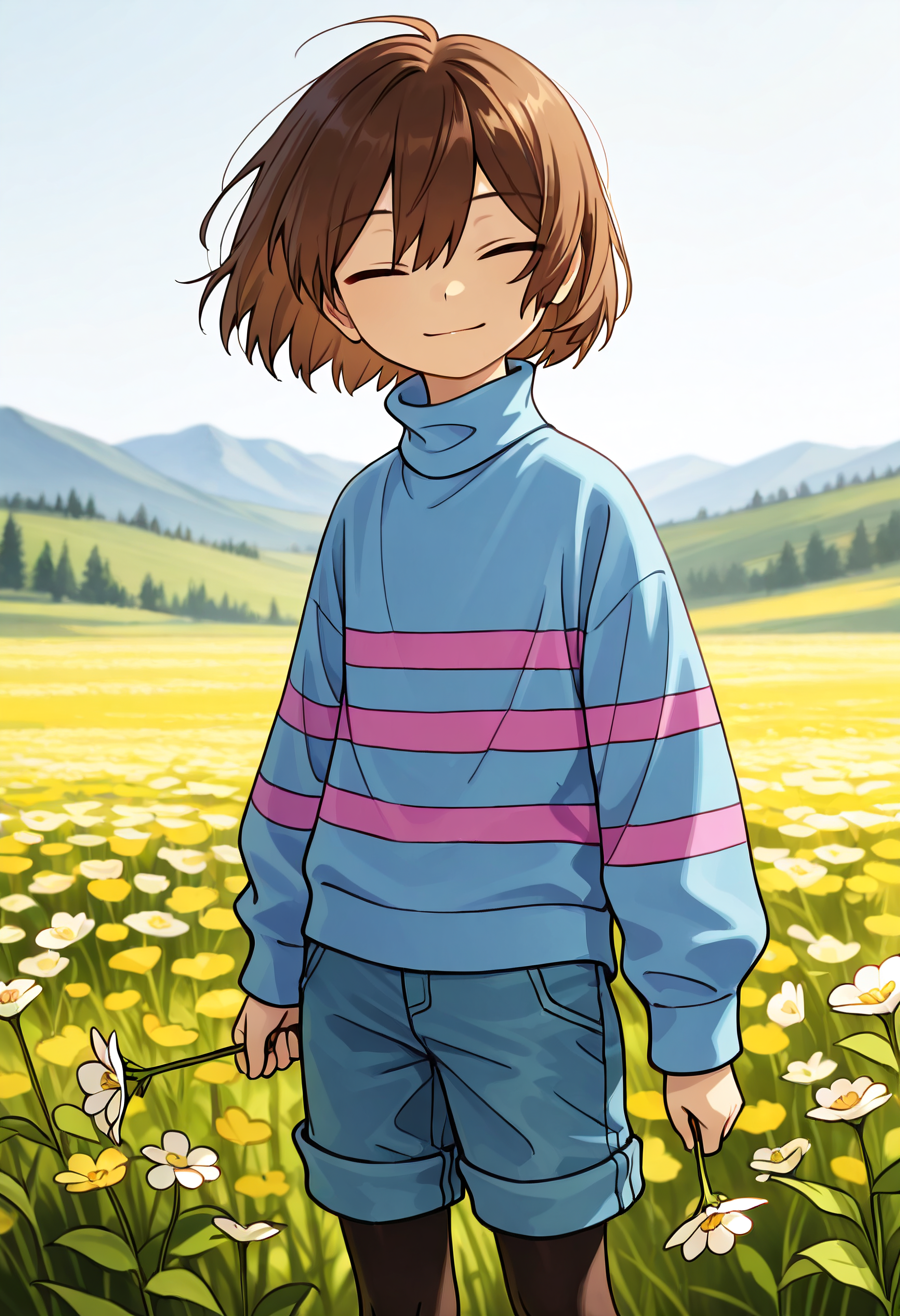 1 girl,,short hair, purple outfit,  frisk , brown hair, closed eyes,,, sweater, ,, solo, striped sweater, soft smile,, striped, ,  shorts,blue shirt,purple striped shirts, <lora:Frisk_new_ill:1>,turtleneck,frisk,pantyhoes<lora:add-detail-xl:1>,masterpiece,best quality,amazing quality,very aesthetic,absurdres,newest,huge filesize,<lora:spo_sdxl_10ep_4k-data_lora_webui:0.5>,detailed background,,upper body,flower valley,holding a flower,black legwear,, (portrai shot, upper body)