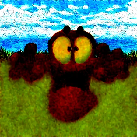 wormsteam17, mayhemworm, default worm, 1worm, solo, floating black rounded eyebrows, brown eyes, worm hands, surprised, looking at viewer, outdoors, nature, grass, ocean, cloudy sky, day, masterpiece, best quality, newest, absurdres, highres, safe