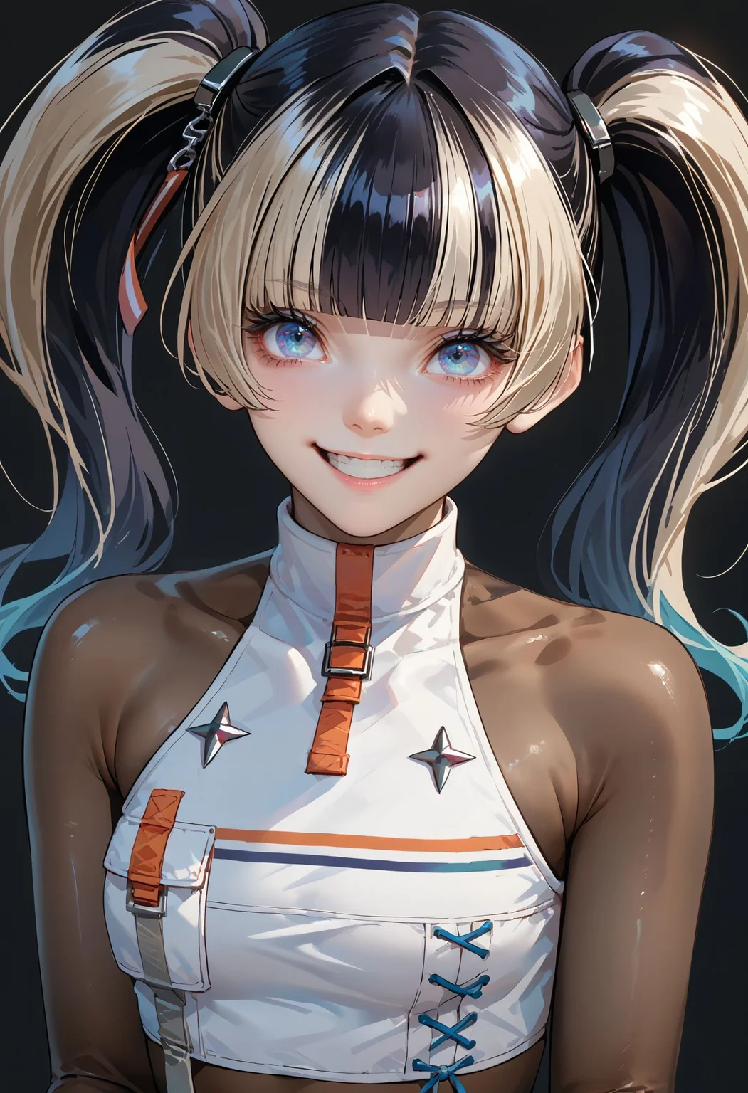 score_9,score_8_up,score_7_up, <lora:juufuutei_raden_hololive_pdxl_goofy:1>jufuraidengloss, 1girl,solo, twintails, bodystocking, crop top, multicolored hair, black background, smile , happy, blue eyes