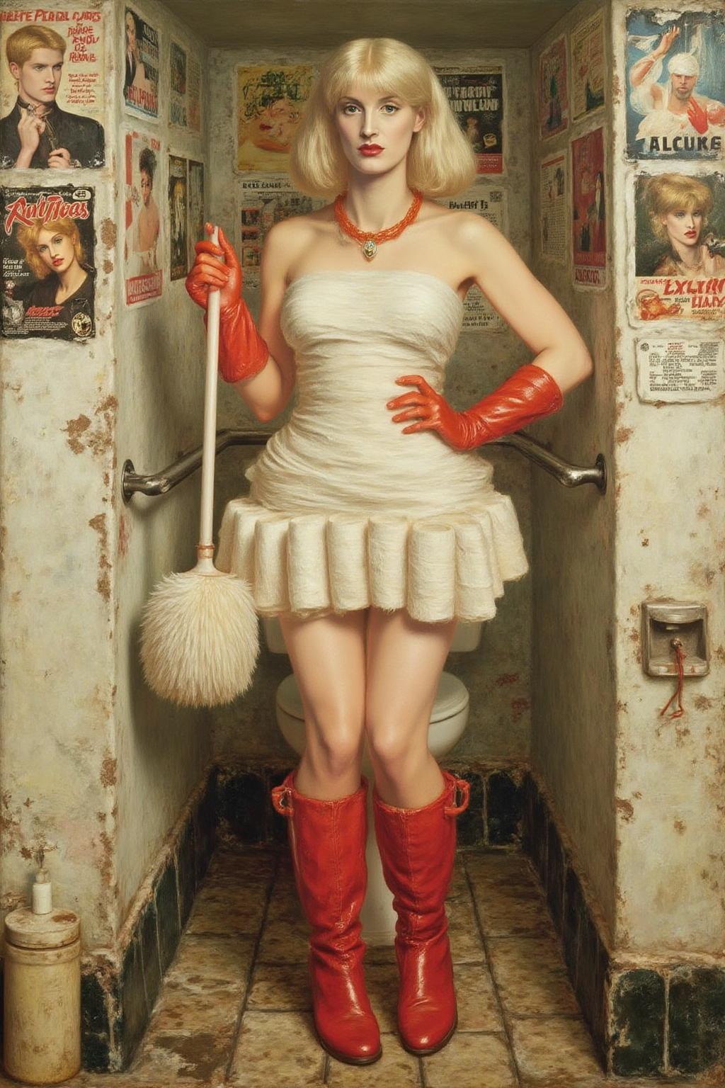 dgr painting.
A slim Swedish woman stands confidently in a small, dingy restroom. She platinum blonde bob haircut and a fringe bangs. She is wrapped in rolls of white bandages like a mini dress, and wear bright red rubber gloves and matching boots. She holds a large toilet brush with a playful smile, juxtaposing glamour with an unexpected setting. The surrounding walls, adorned with worn posters, add a gritty, urban edge to the surreal, fashion-forward scene. 
  <lora:dgr1_cap_d6a3e8:1.0><lora:819496562272195723:0>