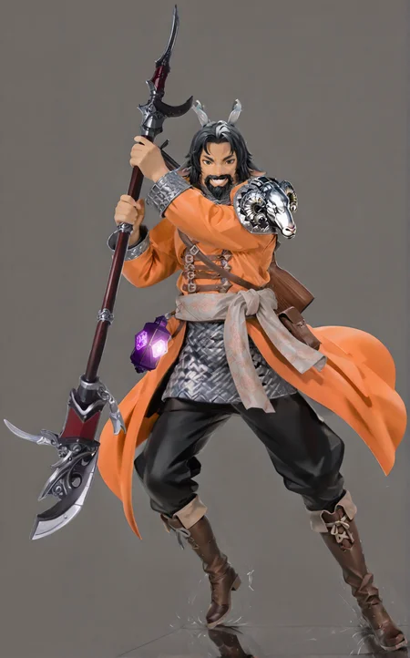 sjsartstyle, 2d, (zPDXL3), Smooth Quality, full body view, (dynamic shot, dynamic angle:1.5), webtoon, anime, centered, detailed, rifle, holding spear, smiling, sajevtu, beard, tanned skin, 1man, orange coat, black hair, yellow goat eyes, horizontal pupils, goat ears, chainmail, weapon harness, purple lantern, silver silk sash, intricate patterns, black pants, brown leather boots, two small twisted silver goat horns, shoulder pauldron, simple background, Figure, pop up parade, masterpiece, best quality, newest, absurdres, highres