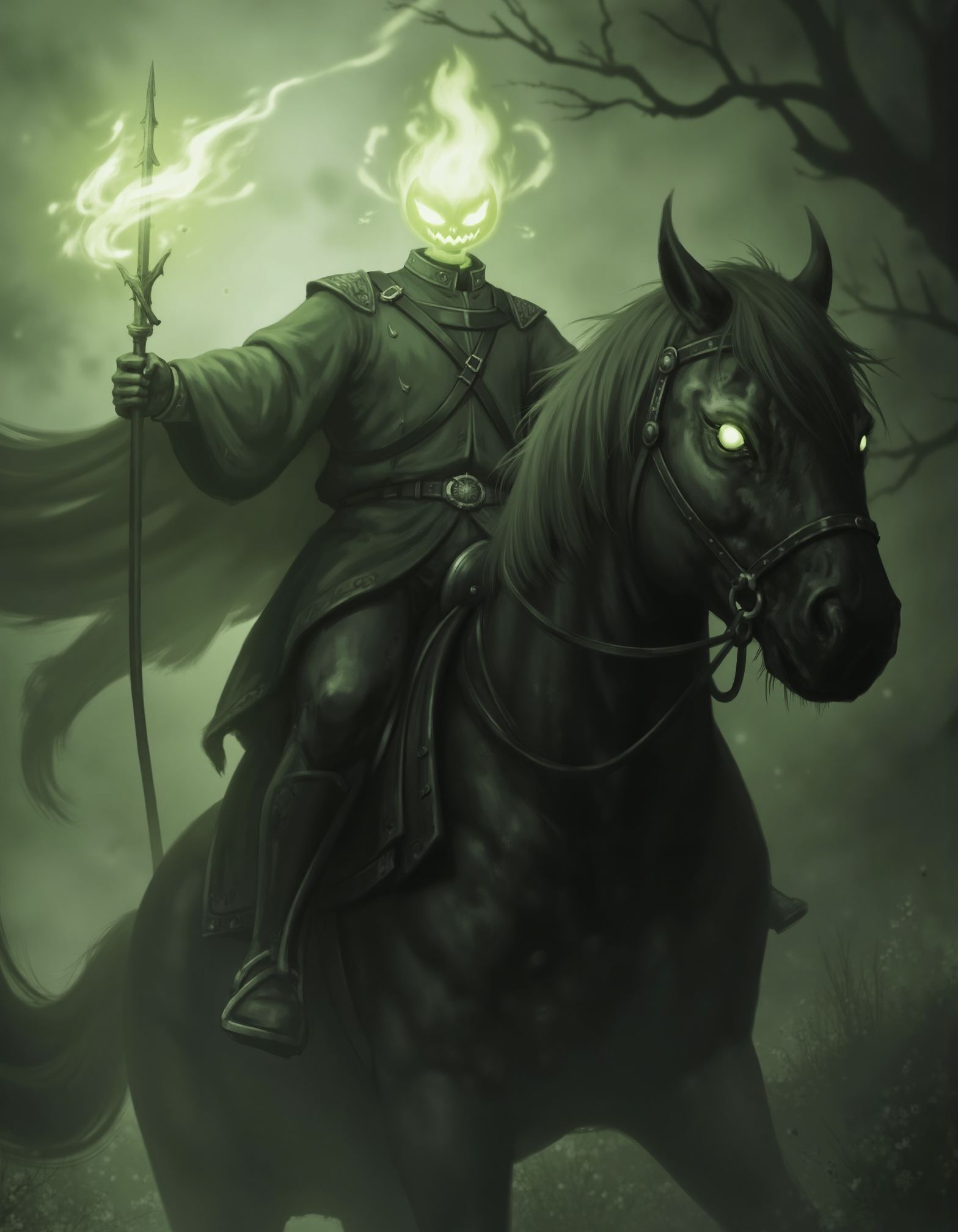 zavy-hdlsshrsmn, Close-up view, dark fantasy art style, rider on a horse with a glowing presence, misty and spooky environment, monochrome with eerie green hues.
