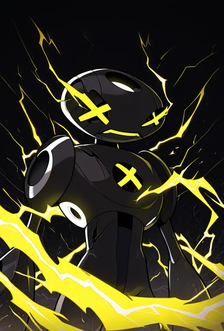 <lora:ulteco-10:1> ulteco, pokemon (creature), black robot, yellow eyes,, closed yellow mouth, yellow strips, neon strips, ((x shaped eyes, x eyes, cross shaped eyes, dead cartoon eyes)), stripped body, black background, electricity, strips, glowing cracks, x mark, masterpiece, best quality, amazing quality, very aesthetic, absurdres, newest,