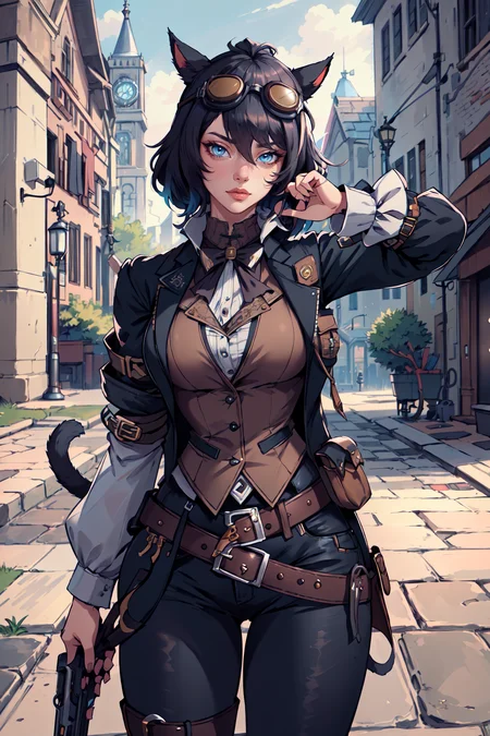 (masterpiece,best quality,absurdres,beautiful,intricate,4k,detailed,aesthetic),steampunk,outside,1girl,FemmeMiq,cat ears,cat tail,jacket,goggles on head,black hair,vest,belt,belt pouch,handgun,medieval <lora:FemMiqote:0.8>