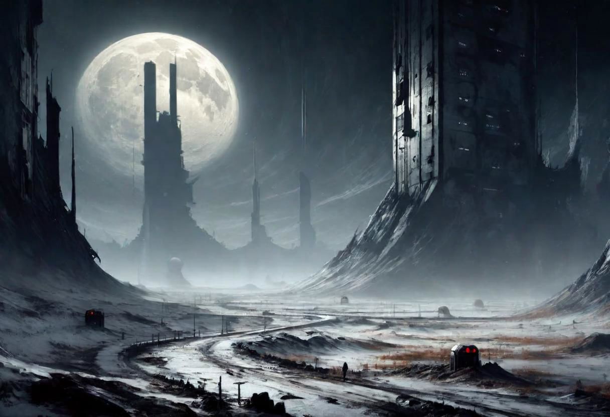 EdobHorrorLandscape,
A landscape of a deserted moon base,
hopeless, nightmare,
fog,
winter,
crimes, muders, gangs,