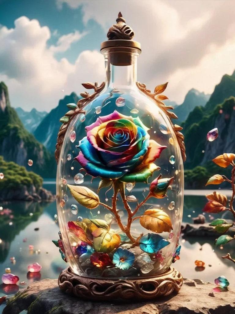an image of, close-up, flowers MD_Jewelry,CN_SP style,the gem and Diamond colorful rose in the bottle on the rock near lake,chinese dragon,water drop, gem leaves, golden ,faint light, front view ,film <lora:0210_rose-checkpoint-6000:0.7> <lora:20240205_spring_dragon_checkpoint-4000:0.7>