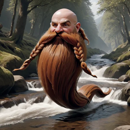 hyper realistic, UHD, 8k, , Harry_Dwarf, medium shot, long braided moustache, bald, bangles, <lora:Harry_Dwarf_1.5:1>, Jumping in a stream <lora:add-detail-xl:0.8>