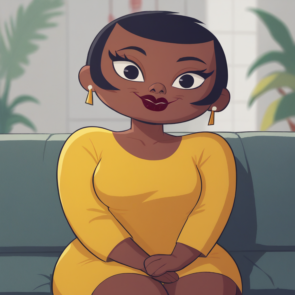 score_9_up, score_8_up, BREAK, ChristineBluestone, 1girl, solo, black hair, short hair, black eyes, dark skin, lipstick, earrings, yellow dress,   <lora:ChristineBluestone_PXL_Leaf1:1>, looking at viewer, sitting on couch, closed mouth, depth of field,