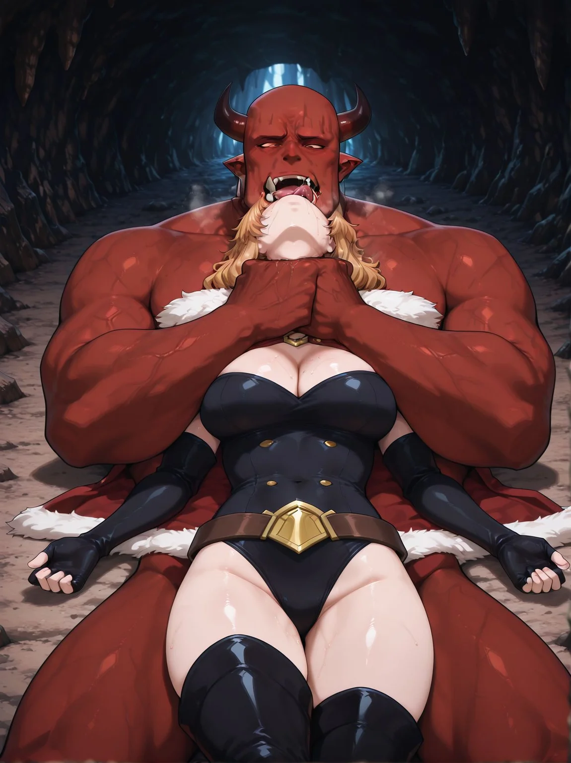 masterpiece, absurdres,amazing quality, best quality, detailed background, 8k,
outdoors, cave,
<lora:Choke_Hold_r1:0.8>Choke_HoldV1,
1girl,1boy,
breasts,
tongue,kiss,strangling,asphyxiation,on back,
giant red orc\(sololeveling\),
gina\(sololeveling\),
fur-trimmed cape, thigh boots,black leotard ,
<lora:Gina_-_Solo_Leveling:1>