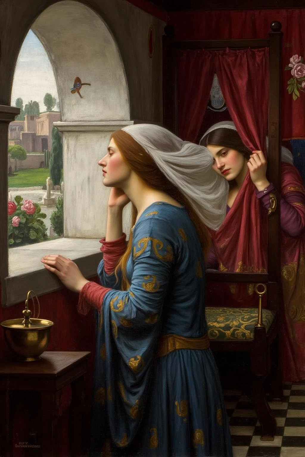 jwwaterhouse1 painting.
The scene depicts a medieval setting, with a richly detailed interior. Side profile view of a young woman with long, flowing, hair adorned with a delicate, white veil, stands in a contemplative pose by a large, arched window. Another woman, also wearing a veil, is peeking behind a red curtain in the background. <lora:jwwaterhouse1_cap_d6a3e11:1.0><lora:829521393898188886:0>