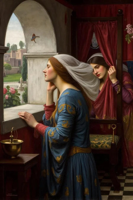 jwwaterhouse1 painting.
The scene depicts a medieval setting, with a richly detailed interior. Side profile view of a young woman with long, flowing, hair adorned with a delicate, white veil, stands in a contemplative pose by a large, arched window. Another woman, also wearing a veil, is peeking behind a red curtain in the background. <lora:jwwaterhouse1_cap_d6a3e11:1.0><lora:829521393898188886:0>