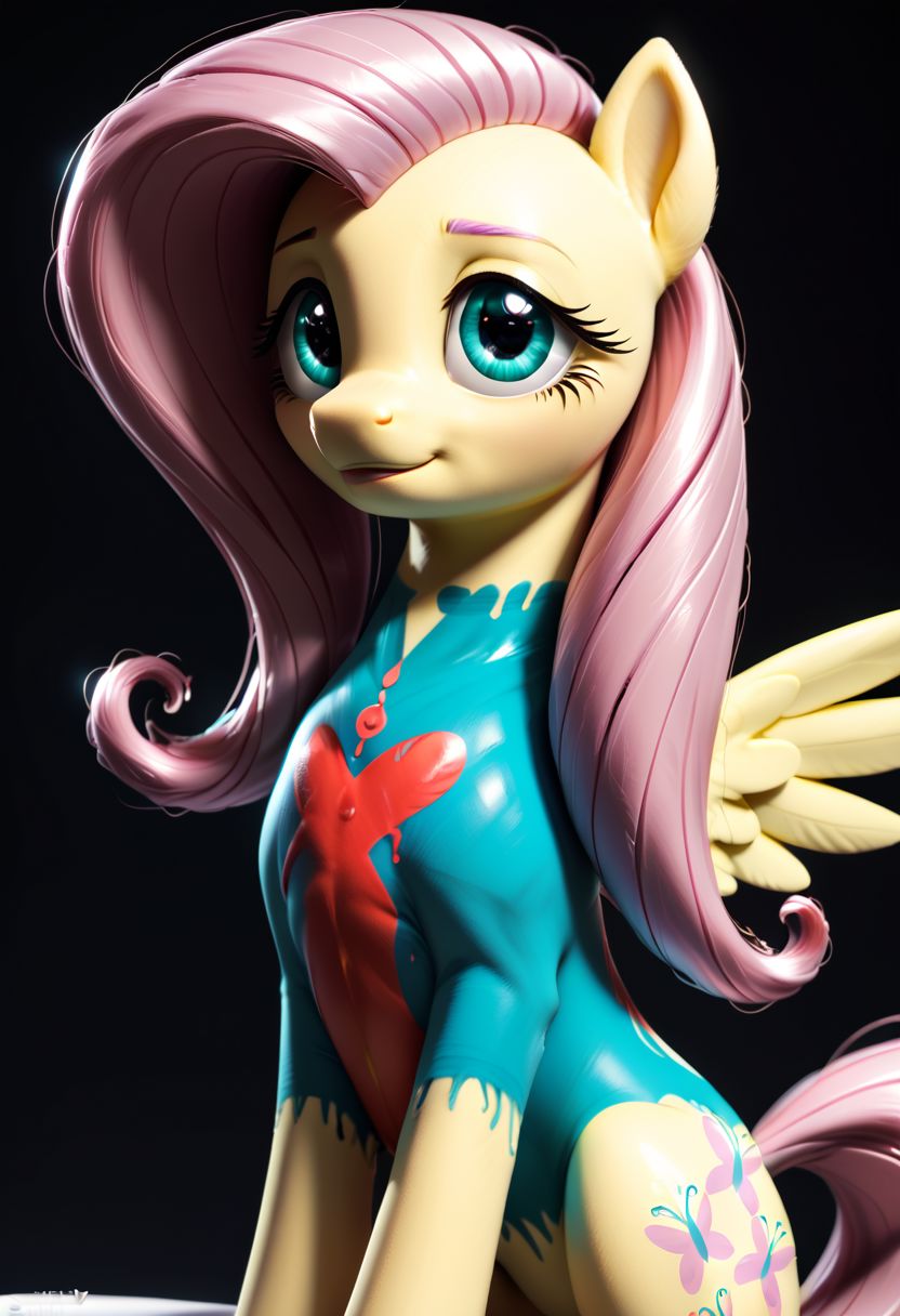 score_9, score_8_up, score_7_up, score_5_up,  Fluttershy, pony, painted clothes, bodypaint, best quality, attention to detail, detailed eyes, 4k,