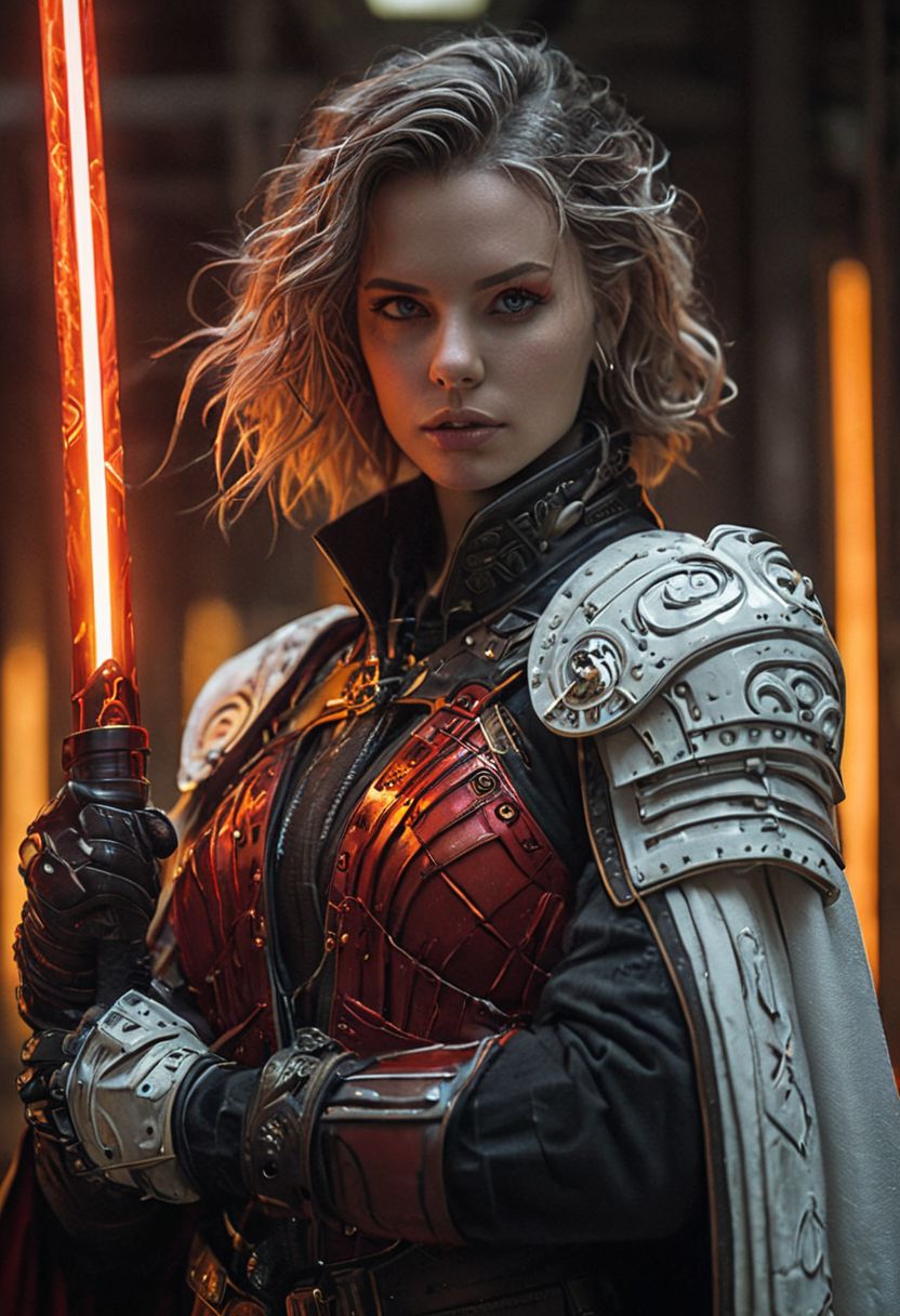 bdsm, collar cyberpunk Samurai jacket, (female, red pink slim skin:1.4), Large linen cape, (nice face, very angry:1.9), (bdsm harness, tight huge massive firm breasts:1.75), surrounded by a detailed spacescape with translucent dark-amber Highlights, (red neon, emissive), (yellow particules, hyper-detailed,:1.4) sharp, high resolution, high quality, 32K, Ultra realistic, HD, super detailed, line art, abstract style, (full body, shinny, wavy hair:1.5), (star wars inquisitor:1.65), (circle hard powerful red white orange fire neon light saber:1.8), (well formed five fingers hands on light saber:1.7), (cyan emissive iris eyes:1.6)