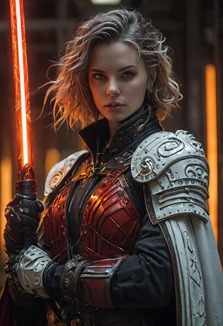 bdsm, collar cyberpunk Samurai jacket, (female, red pink slim skin:1.4), Large linen cape, (nice face, very angry:1.9), (bdsm harness, tight huge massive firm breasts:1.75), surrounded by a detailed spacescape with translucent dark-amber Highlights, (red neon, emissive), (yellow particules, hyper-detailed,:1.4) sharp, high resolution, high quality, 32K, Ultra realistic, HD, super detailed, line art, abstract style, (full body, shinny, wavy hair:1.5), (star wars inquisitor:1.65), (circle hard powerful red white orange fire neon light saber:1.8), (well formed five fingers hands on light saber:1.7), (cyan emissive iris eyes:1.6)