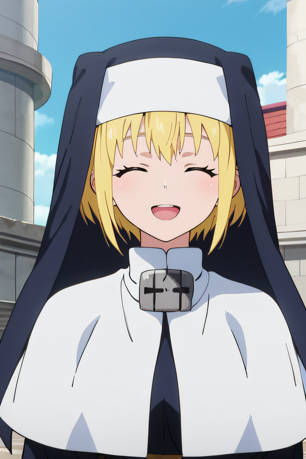 score_9, score_8_up, score_7_up, source_anime, rating_safe, intricate details, anime screencap, official style, 1girl, solo, <lora:Sister_Iris:1>, iris, blonde hair, closed eyes, short hair, nun, habit, white capelet, looking at viewer, smile, outdoor, cowboy shot, upper teeth, open mouth, upper body
