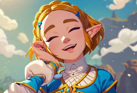 score_9, score_8_up, score_7_up, score_6_up solo, princess zelda, 1girl, legend of zelda: breath of the wild, short hair, closeup on face, head tilt, eyes closed, big smile, open mouth, official art