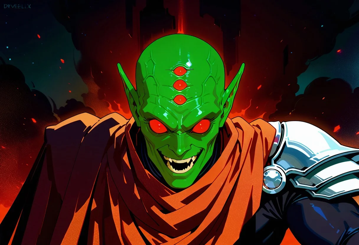 masterpiece, best quality, amazing quality, very aesthetic, absurdres, newest, drvenoilxl, 1boy, red eyes, male focus, pointy ears, green skin, ((old man)), wrinkles, alien, looking at viewer, solo, dark space background, laughing,  pauldron, red cloak, black bodysuit, (((3 forehead eyes)))
