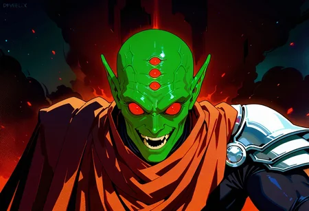 masterpiece, best quality, amazing quality, very aesthetic, absurdres, newest, drvenoilxl, 1boy, red eyes, male focus, pointy ears, green skin, ((old man)), wrinkles, alien, looking at viewer, solo, dark space background, laughing, pauldron, red cloak, black bodysuit, (((3 forehead eyes)))