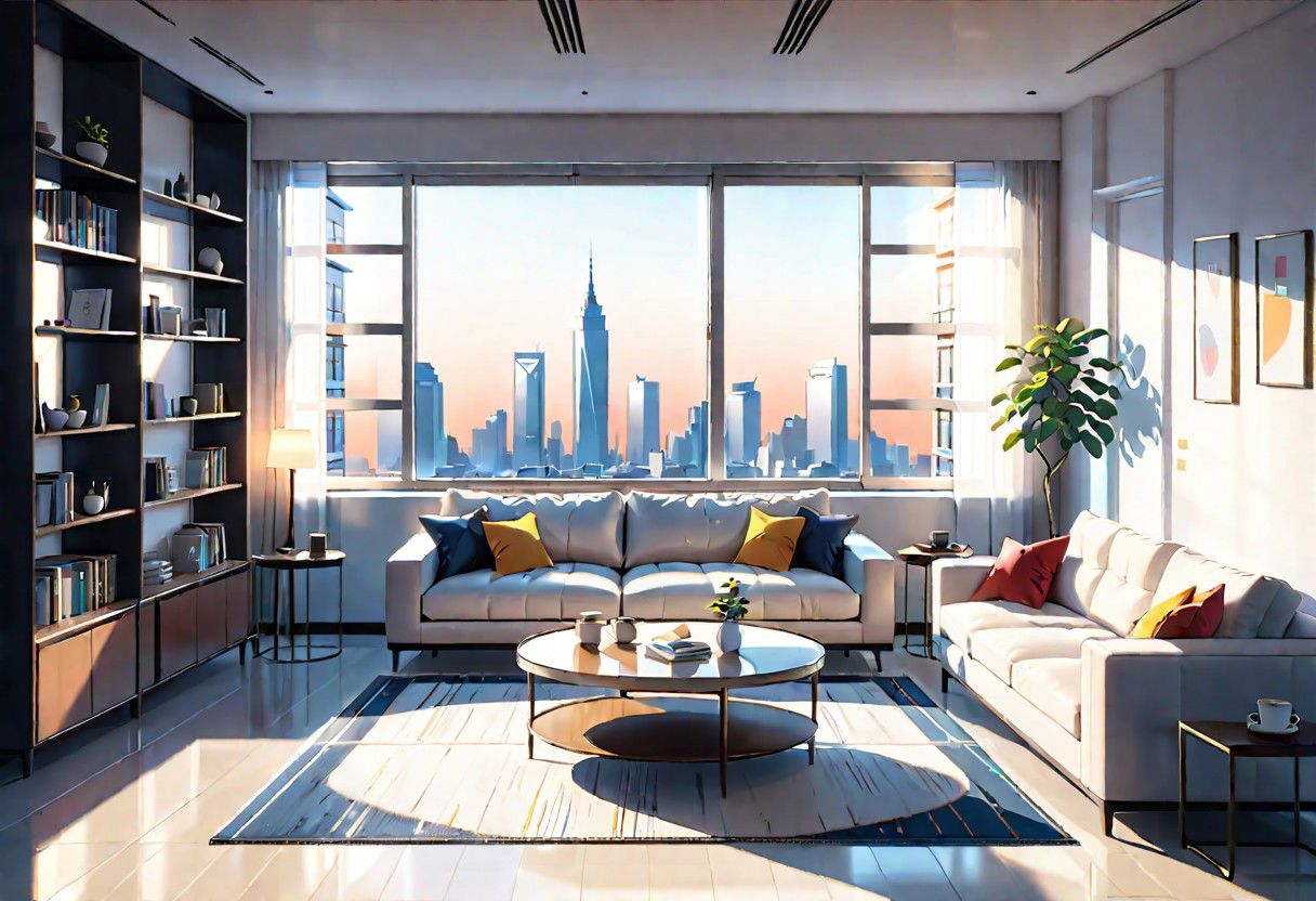 ((front view)), Shallow scene, ((animation style)), modern-style interior, with white walls, (large windows), a  study, Sofa, coffee table, bookcase, single wall, 
warm light morning sun, ((City high-rise building scenery)), (clear sky)