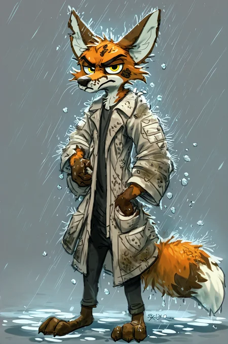 solo, male, anthro, fur, fox, simple background, gloomy, grumpy, grim expression, grey background, standing, feet, hi res, hands, 4 fingers, toes, looking at viewer, biped, tuft, 3 toes, tail markings, markings, brown fur, messy hair, messy fur, slim, slim body, yellow eyes, (grimy , raggedy.:1.4)
(wearing a (dirty :1.4) rain coat:1.5), (holding a damaged dirty umbrella:1.3), rain, slightly wet, water drop, , (sketch, rough draft,:1.4) , soiled with mud <lora:Furry Style Pony Edition :0.8>, score_9, score_8_up, score_7_up,
