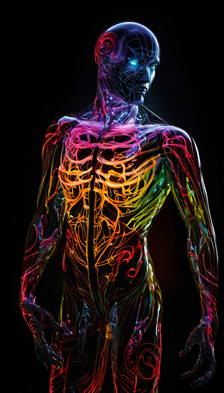 high detailed professional upper body photo of a transparent porcelain android looking at viewer, with glowing backlit panels, anatomical plants, dark forest, night, darkness, grainy, shiny, intricate plant details, with vibrant colors, colorful plumage, bold colors, flora, contrasting shadows , realistic, photographic