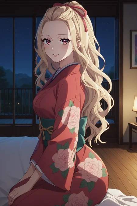 score_9, score_8_up, score_7_up, source_anime, 1girl, prefect lighting, very aesthetic, intricate details, highly detailed background, masterpiece, high quality, prefect hands, best quality, solo,
<lora:Kaya_Saimori_My_happy_marriage_V1:.85>, blonde hair, pink eyes, bangs pinned back, long hair, pink hair ribbon,
white kimono, floral print, red kimono, back bow,
kneeling, hands on lap, smile, blush, parted lips, looking at viewer,
night, nighttime, east asian architecture, dark room, bedroom, traditional bedroom, window, wooden floor, dimly lit,
(Beautiful, medium Breasts:1.2), natural breasts,