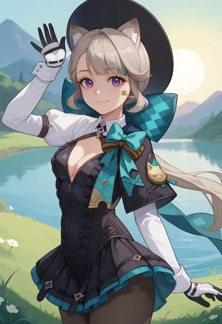 score_9, score_8_up, score_7_up, source_anime, 1girl, lynettedef, purple eyes, grey hair, long hair, braid, small breasts, animal ears, animal ear fluff, cat girl, star (symbol), cat tail, hair bow, aqua bow, long sleeves, puffy sleeves, frills, black leotard, backless outfit, cleavage, black gloves, black pantyhose, top hat, black headwear, unworn hat, holding hat, smile, closed mouth, standing, waving, looking at viewer, outdoors, lake, grass, sun, upper body, <lora:Lynette_v1-000010:1>