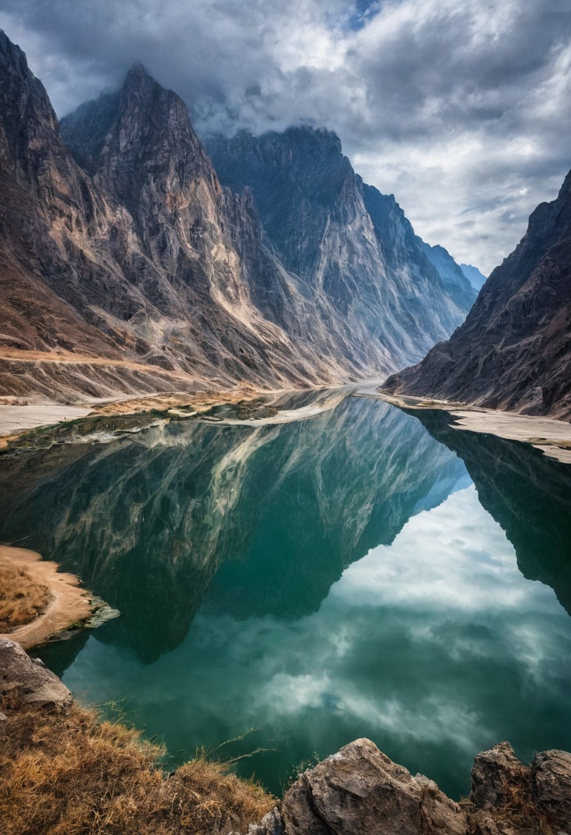 mirror reflection.
majestic scene of the dragon river, china, huge sharp edge mountains, clouds, neat image.