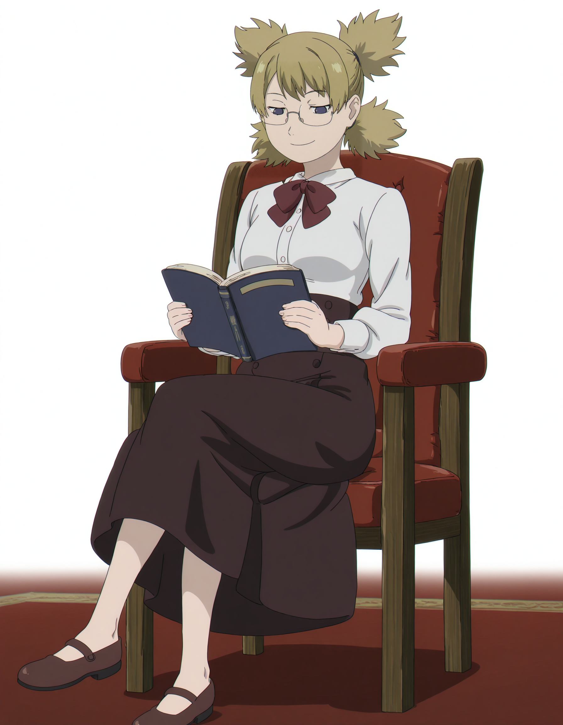 full body, solo, perfect composition, shadows, shading, <lora:Sousou_no_Frieren:0.8> SousounoFrierenStyle, <lora:anime_screencap-Illustrious:0.5> anime screencap, anime coloring, very aesthetic, absurdres, zPDXL, <lora:Pony_DetailV2.0:0.5> <lora:illustrious_quality_modifiers_masterpieces_v1:1>
<lora:Temari:1> temari, 1girl, quad tails, <lora:glasses_illustrious_V1.0:0.8> glasses, rimless eyewear, female focus, smile, sitting on chair, reading book, crossed legs,
white shirt, breasts, buttoned shirt, bowtie, high waisted skirt, brown skirt, long skirt,
white background,